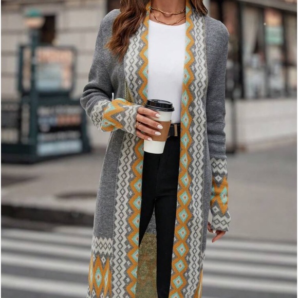 New gray open front geo pattern trim cardigan sweater - Picture 5 of 5